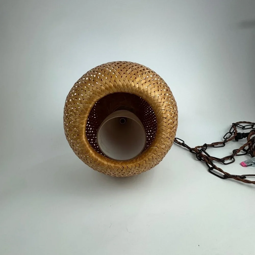 Vintage Woven Bamboo Swag Pendant Light MCM Boho Teardrop Hanging Lamp plug in